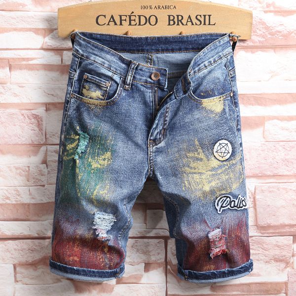 Personalidade Homens Shorts Denim Grafite Verão Nova Marca De Moda Rasgado Buraco Reto Calças Jeans Pintadas Masculino Streetwear