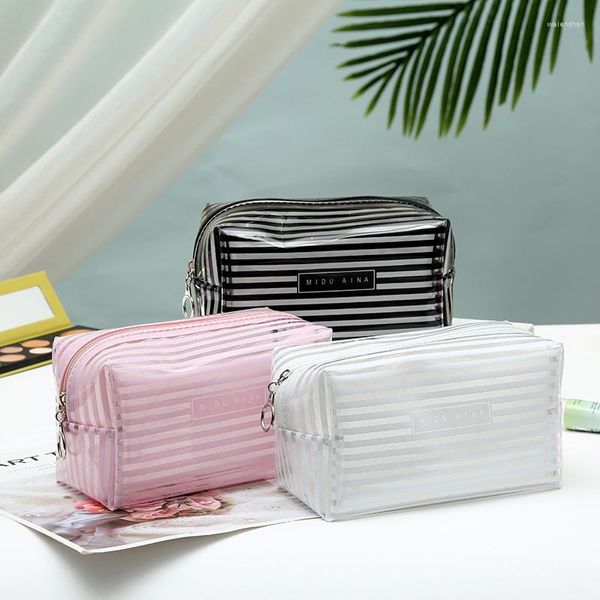 Sacos cosméticos Saco à prova d'água Listrado PVC Bolsa de maquiagem feminina Bolsa de viagem portátil para lavagem de produtos de higiene pessoal organizador bolsa