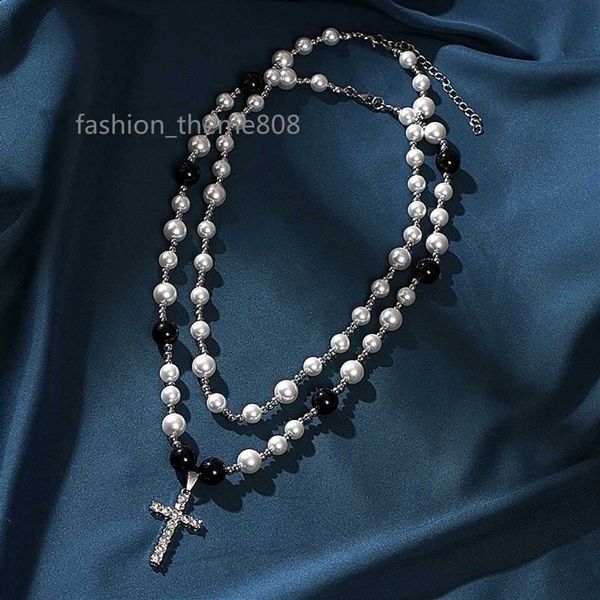 Designer-Halsketten Hip Hop Punk Nische Perle Perlen Kreuz Schlüsselbein Kette männlich dunkel trendig cool Paar vielseitige Halskette männlich