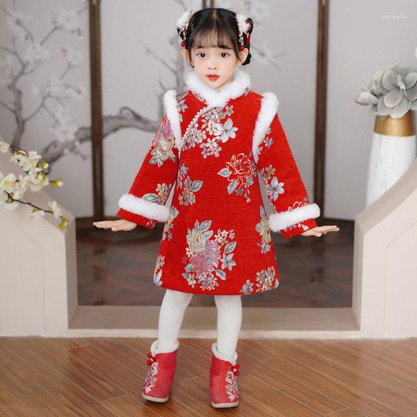 Abbigliamento etnico Cheongsam Abbigliamento per bambini Inverno Grande fiore Colletto di lana di perle Caldo Hanfu Vestito elegante da ragazza in stile nazionale antico cinese