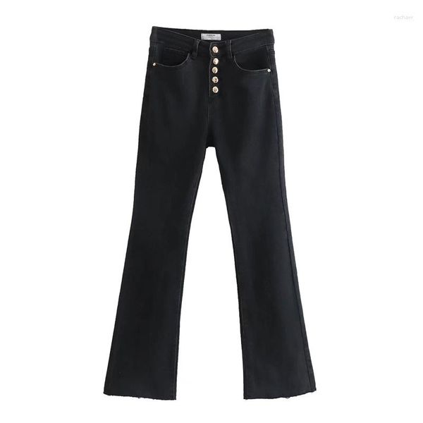 Jeans feminino 2023 primavera verão preto fino botão cintura alta street flare skinny