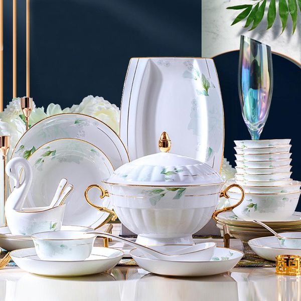 Conjunto de talheres Conjunto de talheres Tigela Prato 60 Peças De Ouro Pintado Jingdezhen Cerâmica Osso Porcelana E