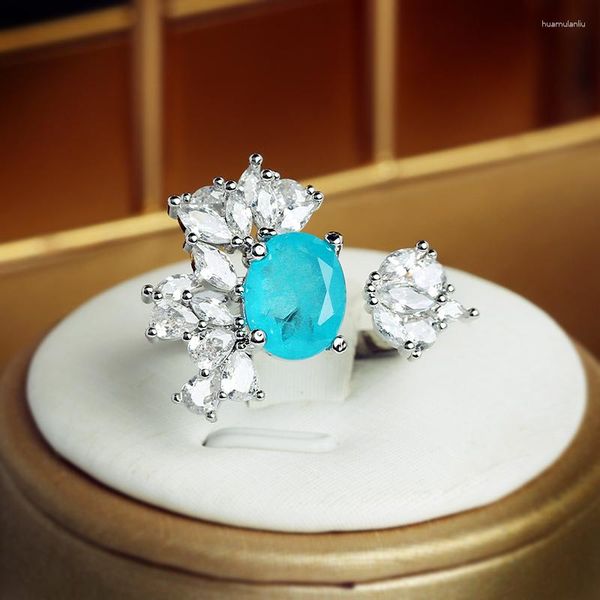 Cluster Anelli Creativo Irregolare Paraiba Fiore Foglia Ovale Zaffiro Diamante Pieno Anello Coppia Per Le Donne Zircone Geometrico Regalo Anniversario