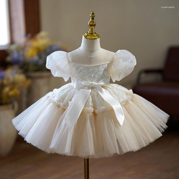 Vestidos de menina Branco Vestido de princesa Casamento Meninas Desempenho Festa Vestido de Baile de Natal Requintado Organza Traje de Renda com Laço Crianças