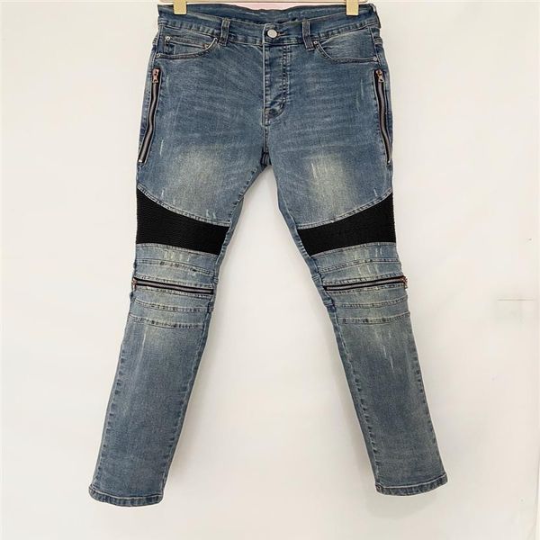 Jeans masculinos de grife de luxo Calças compridas Zíper skinny Joelho azul preto Couro Spell Destroy the quilt Jeans fashion com furos rasgados Homens D235v