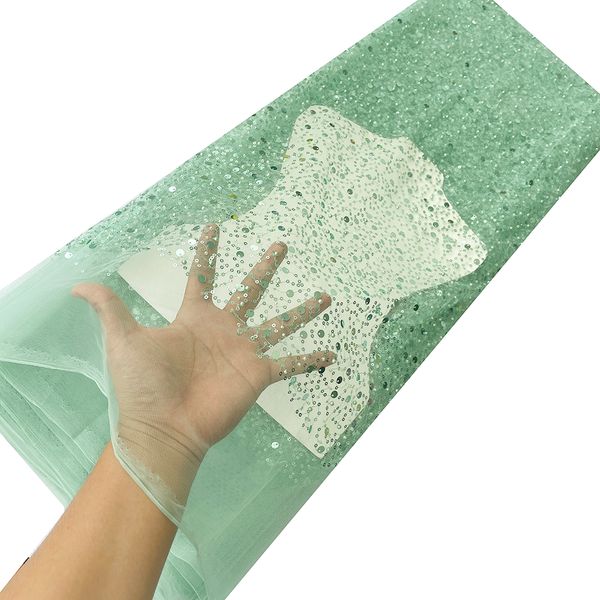 Nigeriano Pendolare Rete Ricamo Nuovo Arrivo In Rilievo Chic Pizzo Festa di Nozze Signore Tulle Paillettes Tessuto Verde Banchetto Abito Del Partito Luminoso 5 Yards Africa 2023 YQ-7008