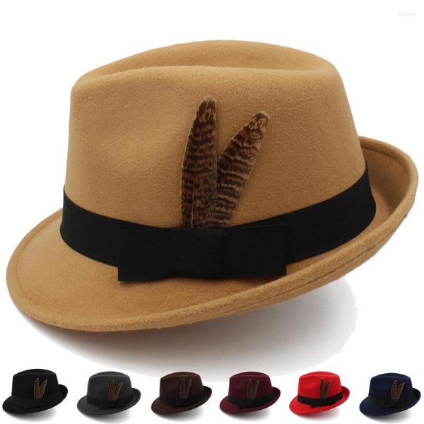 Berets Men Women Wool Fedora Hats Trilby Caps Jazz Sunhat Feather Band Party Street Street Street Travel Winter Size US 7 1/4 Великобритания L