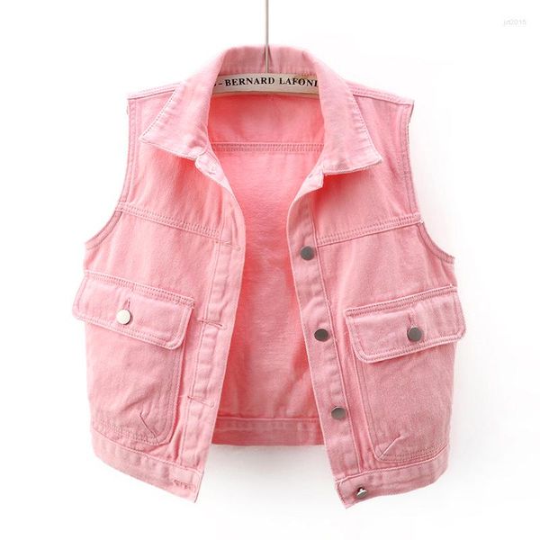 Gilet da donna Gilet di jeans rosa moda Gilet da donna Gilet da donna senza maniche da cowboy con tasca grande coreana Jeans corti da studente allentati Donna