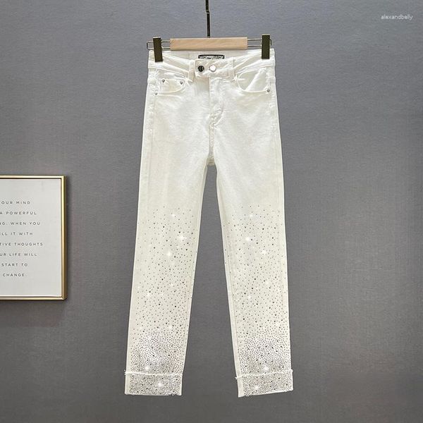 Jeans feminino 2023 primavera verão branco para mulheres corte reto cintura alta ajuste fino strass na altura do tornozelo skinny jeans elástico