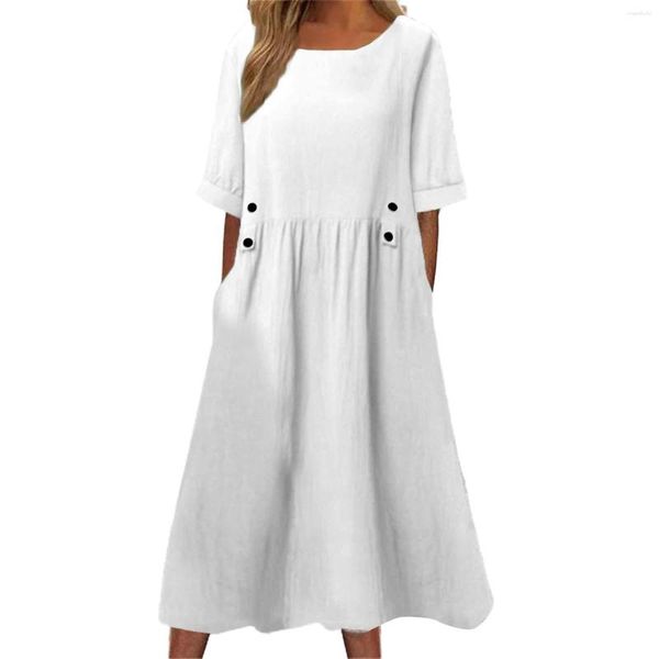 Casual Dresses Frauen Langes Kleid Weiß Vestidos Sommer Einfarbig Kurzarm Knopf Lose Midi Mit Taschen Party Swing