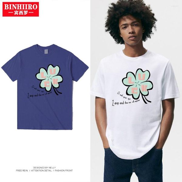 Camisetas Masculinas Camisetas Masculinas Lucky Four-Leaf Clover Print Summer Cotton Fashion Shirt Funny Graphic Tee Man Casual T-shirt Clothing Clothing