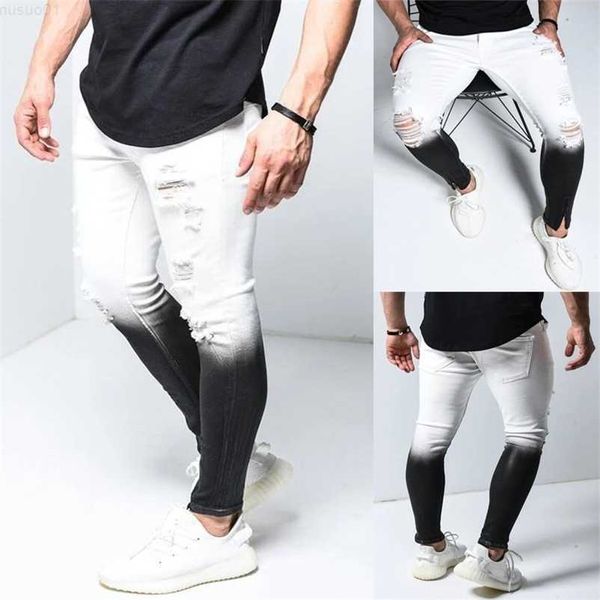 Men's Gradient Color Ripped Men Casual Slim Fit Men Skinny Jeans Homme Brand Motor Biker Hip Hop Zipper Jeans Calças 210318 L230726