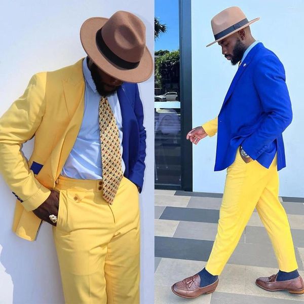 Ternos Masculinos Conjunto de Ternos Masculinos Amarelo Azul Patchwork Clássico Blazers Calças Casacos Casamento Noivo Moda Elegante Jaquetas Homme Traje Feito Sob Medida