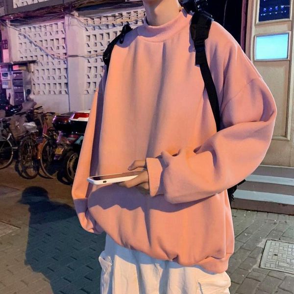 Männer Hoodies Hong Kong-stil Harajuku Mit Lose Lange ärmeln Semi-high-neck Bottom Shirt Männer der Mode Marke Einfarbig Pullover 2023