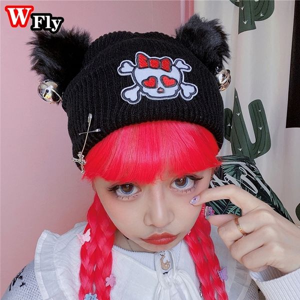 Beanie / Skull Caps Y2K Harajuku Goth Lolita Donna Ragazze Punk Skull Black Beanie Hats Cute Cat Ears Bells Design Winter Warm Knitted Caps Streetwear 230725