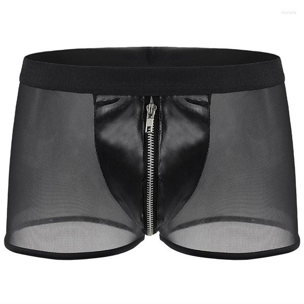 Cuecas de Couro PU Mesh Transparente Nylon Boxer Masculino Sexy Macio Confortável Roupa Interior De Seda Gelo Transparente Calcinha Frente Tronco Zíper Shorts