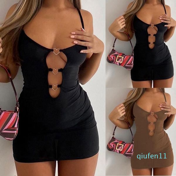 Vestidos casuais femininos botão Love botão suspensório cor sólida sem mangas vestido oco para menina