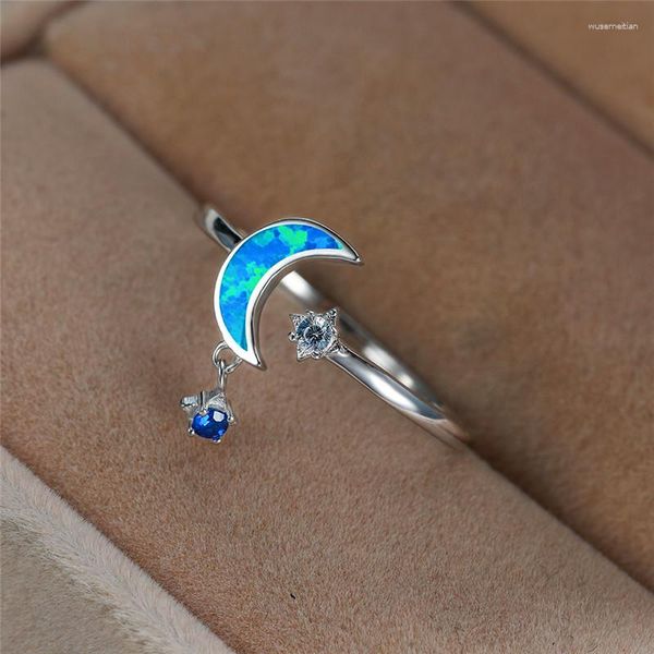 Anelli a grappolo Carino femmina piccola luna stella anello vero argento sterling 925 blu opale di fuoco promessa matrimonio fidanzamento per le donne