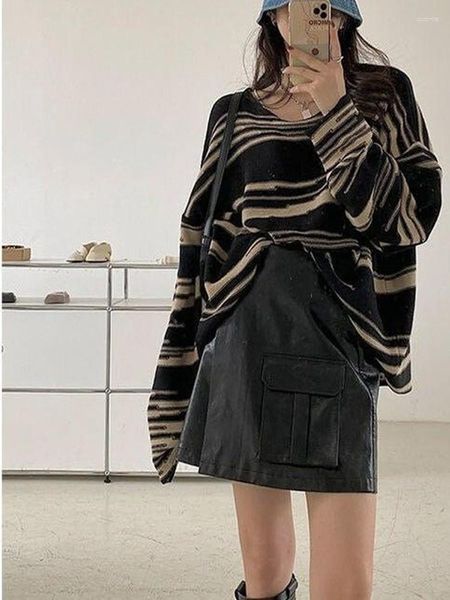 Suéteres femininos listrados doce britânico dos anos 90 punk Harajuku Y2K estética americana retrô gótico roupas de rua manga longa suéter solto