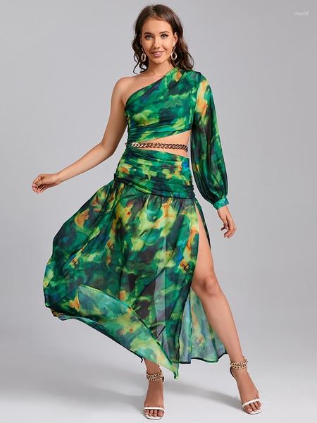 Vestidos Casuais Feminino Correntes Estampa Floral Vestido Longo Verão Verde Um Ombro Manga Alta Dividido Férias Praia Festa