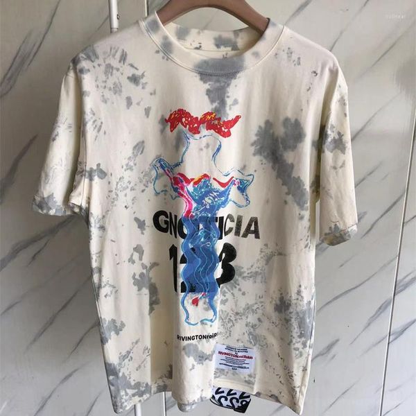 Camisetas Masculinas RRR123 Grandes T-Shirt Tie Dyed Letter Print High Street 1:1 Gola Redondo Algodão Manga Curta Top