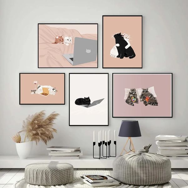 Funny Cat Poster Cat Watch Computer Cartoon Animal Canvas Painting Cat Couple Wall Art Print Picture Living Room Home Decor w06