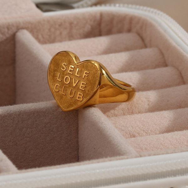 Eheringe Edelstahl Carving SELF LOVE CLUB Herzform Ring für Frauen Mode Gold Farbe Herzförmige Paar Ringe 230725