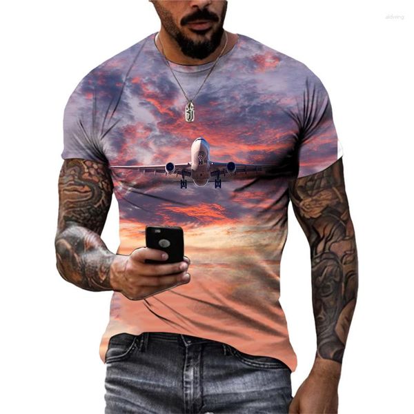 Мужские рубашки моды 3D -печать самолета для мужчин летняя тенденция повседневная веселая круглая шея с короткими рукавами