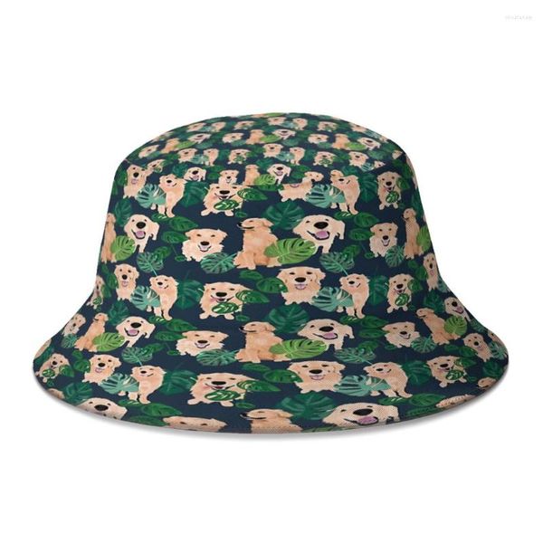 Berets Golden Retriever Tropical Bucket Hat Für Frauen Männer Teenager Faltbare Bob Fischer Hüte Panama Cap Streetwear