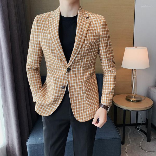Ternos masculinos 2023 British Style Slim Plaid Blazer Men Two Buckles Suit Coat Male Business Office Jackets Casual Groom Fashion Dress