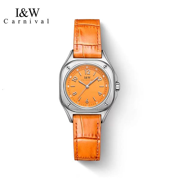 Relógios femininos Carnival High End Series IW Brand Fashion Orange Quartz Watch for Women Luxury Leather Waterproof Womens Montre Femme 230725