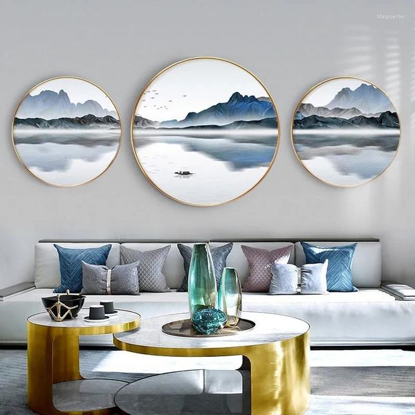 Quadros estilo chinês padrão de paisagem decoração de sala de estar pintura pendurada redondo estudo tríptico mural simples suprimentos de decoração para casa