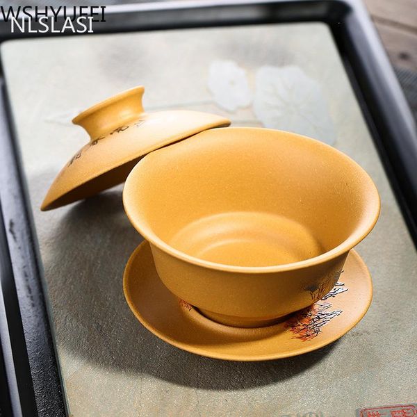 Onderdelen Nlslasi Yixing Mor Kil Gaiwan Zisha Teaset Çin TeAware Tureen Kapak Kasesi Saker Çay Çay Kupası Özelleştirilmiş Hediye 130ml