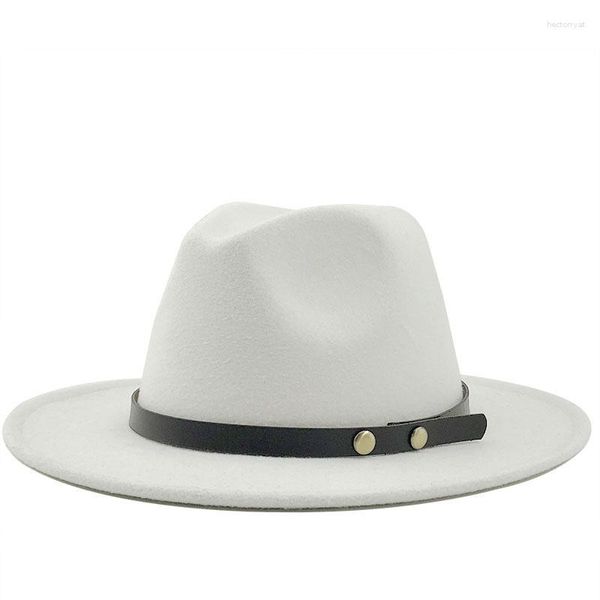 Boinas Mulheres Homens Lã Jazz Fedora Chapéus Casual Cinto de Couro Aba Chapéu de Feltro Branco Rosa Amarelo Chapéu Trilby Panamá Formal Boné de Festa