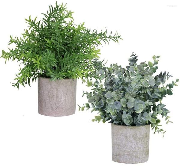Flores decorativas Winlyn Pacote com 2 vasos de plantas artificiais Eucalipto falso Alecrim Verdura em vasos Plantas de casa pequenas de 8,3