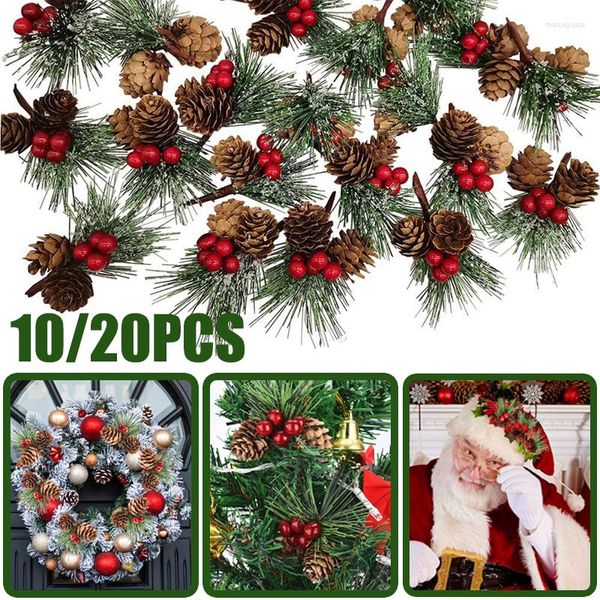 Fiori Decorativi 10/20 Pz Pigne Di Natale Aghi Di Pino Rami Con Steli Di Bacche Rosse Artificiali Per Albero Di Natale Ghirlanda Regali Di Artigianato Fai Da Te