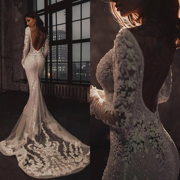 Sexy 2019 Abiti da sposa a sirena Vintage manica lunga gioiello collo pizzo perline giardino country abiti da sposa abito da sposa robe de ma233f