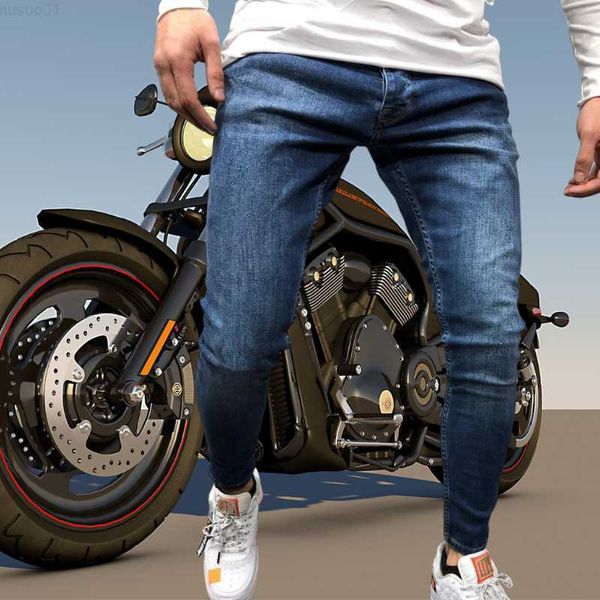 Jeans da motociclista skinny da uomo Pantaloni da motociclista classici blu Pantaloni da uomo in denim elasticizzato senza strappi Street Casual Business Party Cowboy uomo 211009 L230726