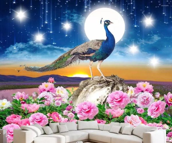 Wallpapers CJSIR Benutzerdefinierte Tapete Traum Sternenhimmel Vogel Pfau Reiche Blume Offener TV-Hintergrund Wand Wohnzimmer Schlafzimmer 3D-Dekor