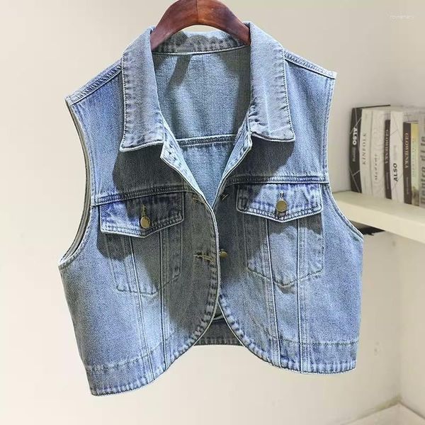 Damenwesten Vintage Hellblaue Jeansweste Frauen Lose Kurze Cowboyweste Frühling Sommer Koreanische Große Tasche Ärmellose Jeansjacke