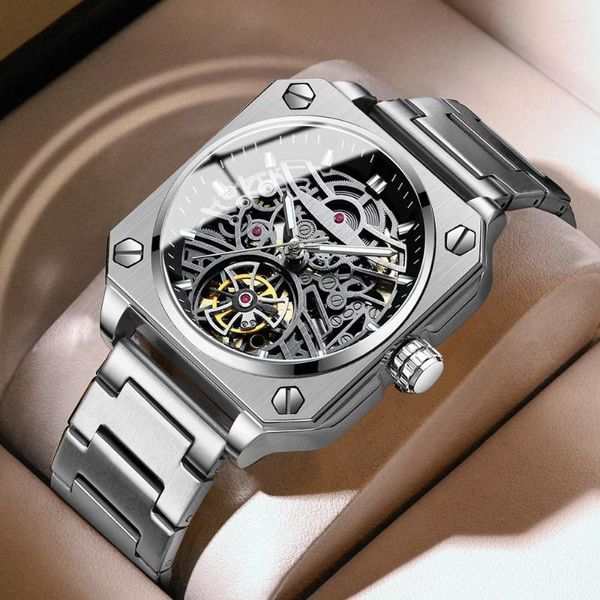 Relógios de pulso BINBOND 2023 Tourbillon Relógio Mecânico Para Homens Pulseira de Aço Automática Esqueleto Relógios Masculinos Top Reloj Hombre