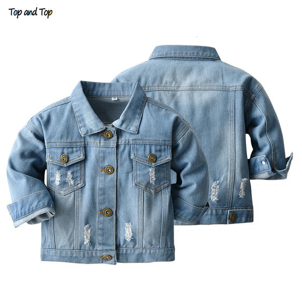 Jaquetas Top e primavera outono crianças jaqueta casual meninas buracos rasgados jeans casacos meninos meninos jeans agasalhos fantasia 12m 6a 230725