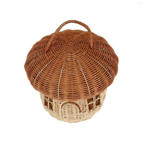 Bottiglie di stoccaggio Cestino per funghi in rattan Contenitore rotondo Coperchio Scatola per ornamenti da scrivania Madre