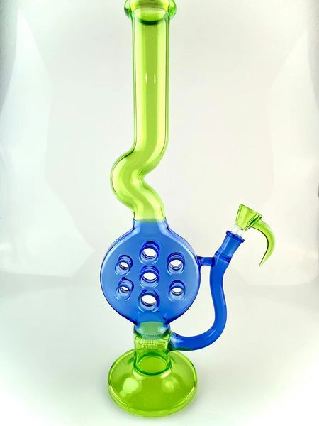 Rauchglas-Schweizer Bong, fluoenrent, grüne und blaue Schweizer Bong, 16 Zoll, 14 mm, 2 Inline-Percussions, zusätzlich eine Hornschale als Geschenk