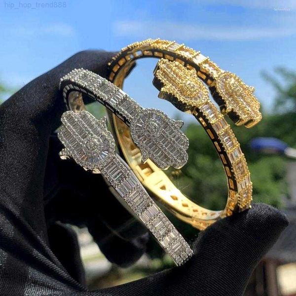 Pulseira Pulseira 2023 Atacado Completo Pavimentado Iced Out Bling 5A Zircônia Cúbica CZ Hamsa Mão Aberta Hip Hop Feminino Homens Charme Pulseira Jóias