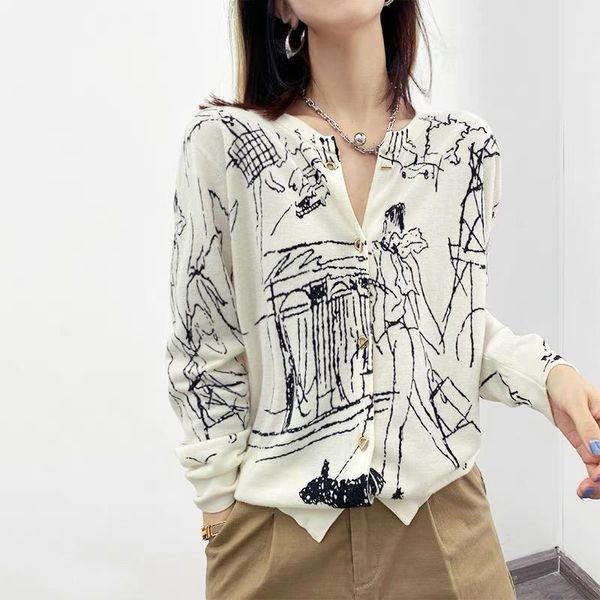 Suéteres 2023 primavera fina de punto Graffiti Cardigan mujer estilo coreano moda elegante y Chic Top fino imitación lana estilo Popular