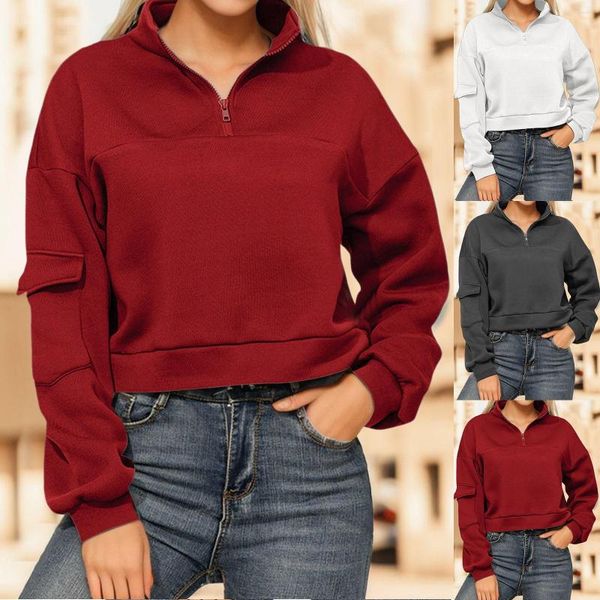 Felpe con cappuccio da donna Pullover da donna casual a maniche lunghe con zip a 1/4 Felpe rosse con felpa da jogging tascabile Felpa con cappuccio Harajuku Up