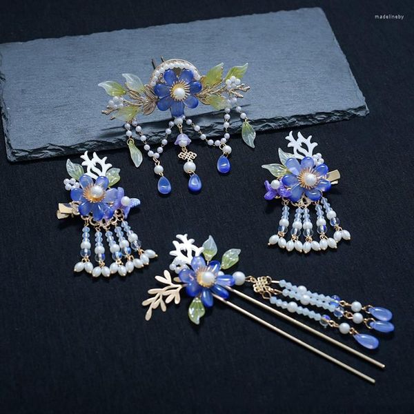 Grampos de cabelo chineses vintage Hanfu coroa miçangas de flor azul acessórios de borla cocar