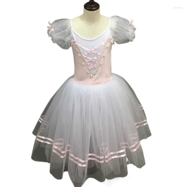 Traje de Palco Manga Curta Bufante Giselle Traje de Ballet Criança Crianças Vestido Longo Bailarina Meninas Atuação Dança