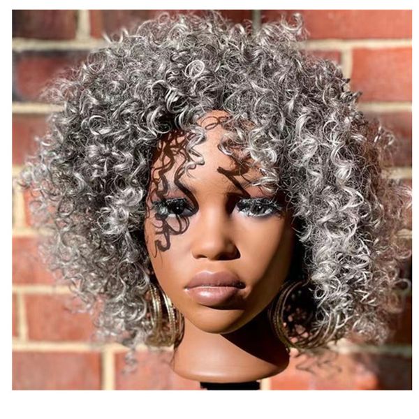 Preto e branco misto cinza raízes escuras espiral curl peruca crespa sal e pimenta nenhum boné respirável de renda com franja curto penteado bob